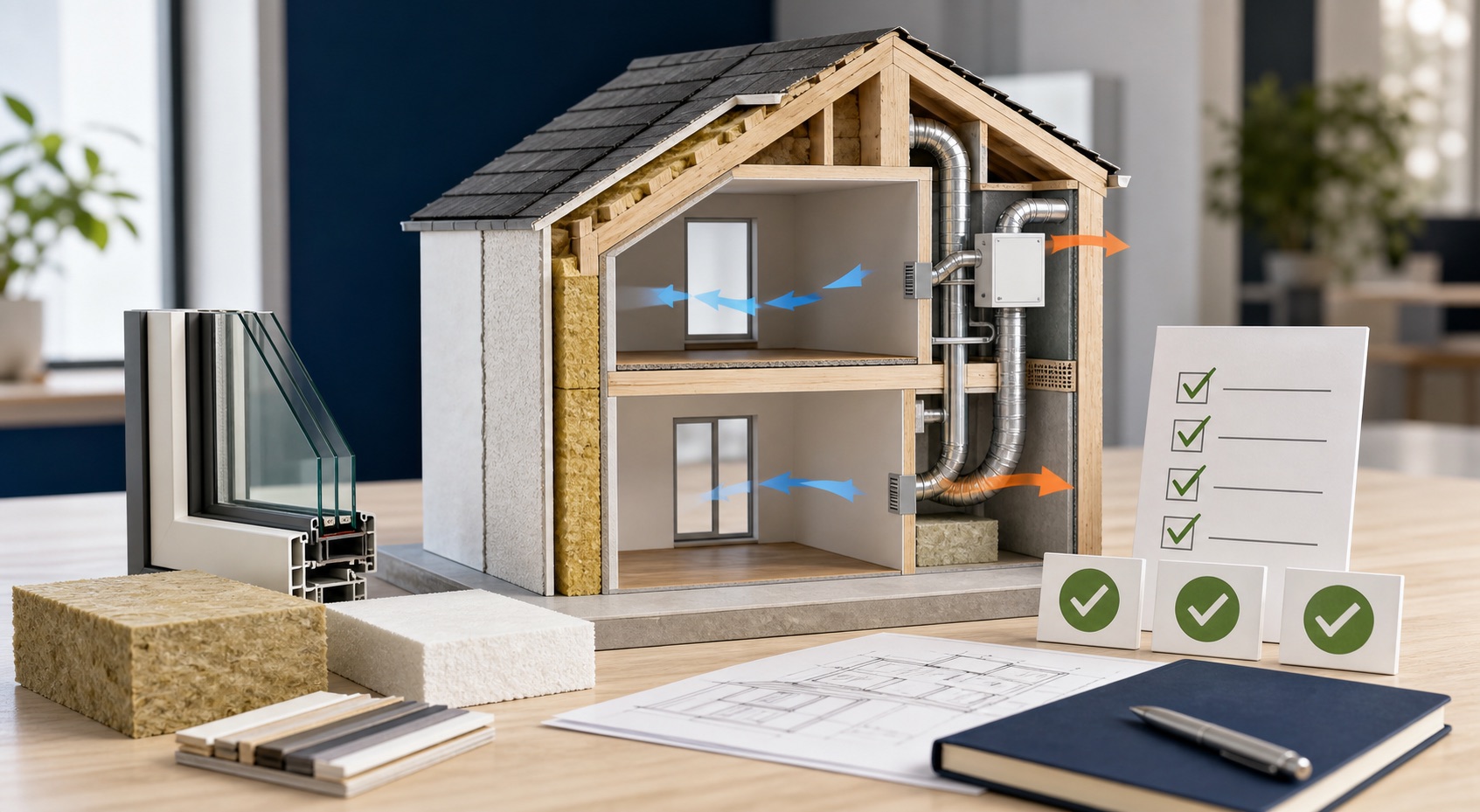 Maquette pédagogique représentant isolation, ventilation et contrôle qualité en rénovation énergétique